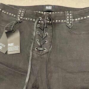 Paige Black Jeans with Silver Grommets and Leather Front Whip Tie